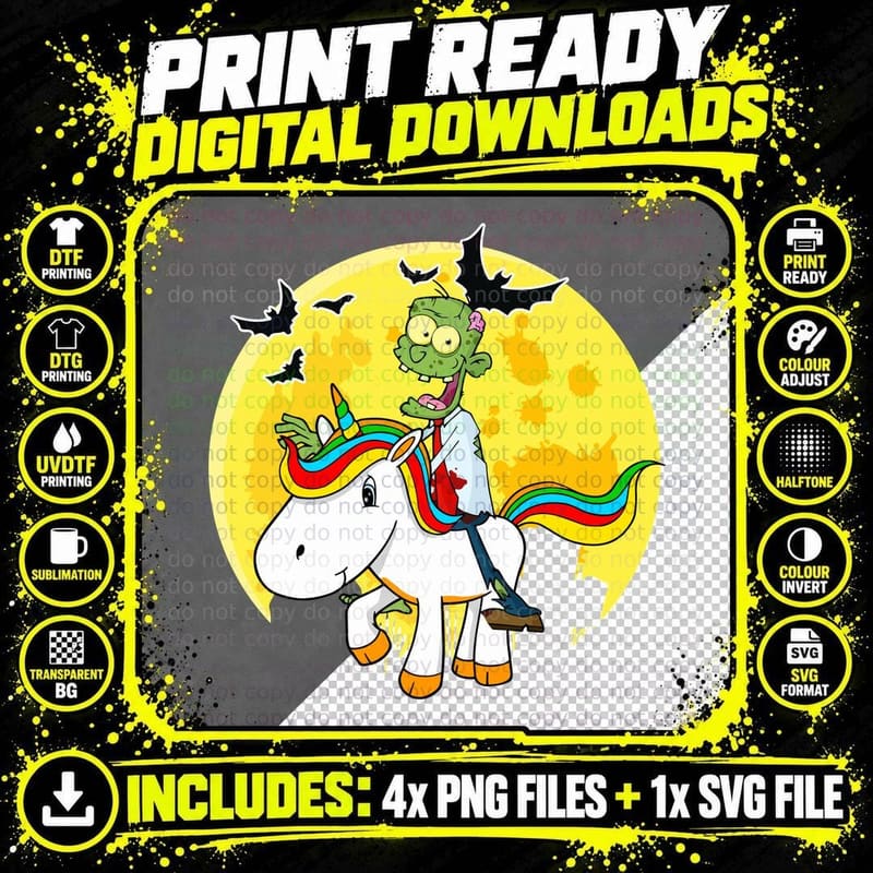 Zombie Ride Unicorn T-Shirt, Halloween Horror Png SVG Digital Bundle