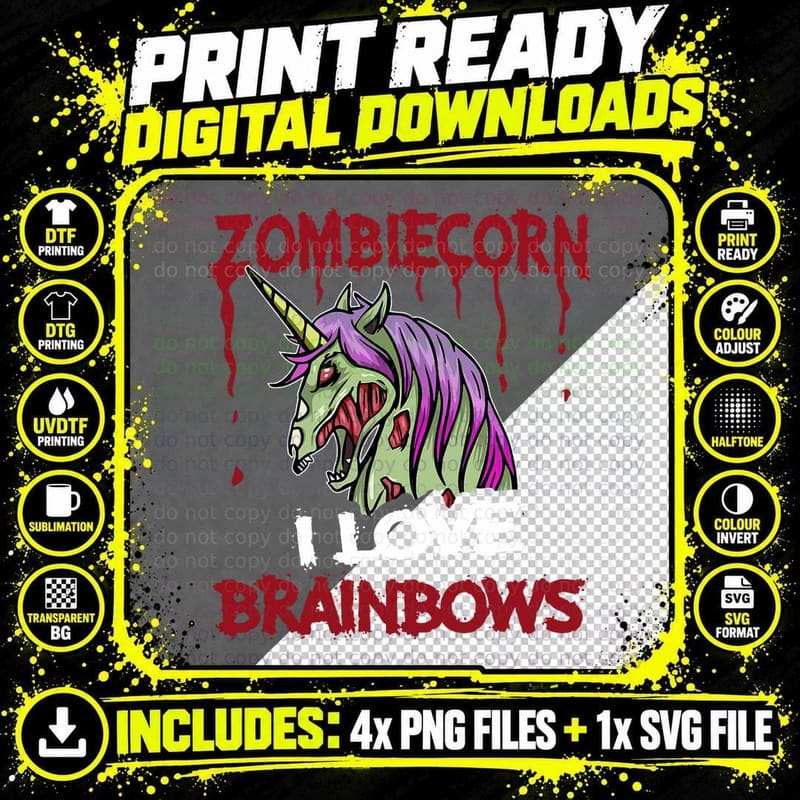 Zombie Unicorn I Love Brainbows Brains Funny Gothic Goth Png SVG Digital Bundle
