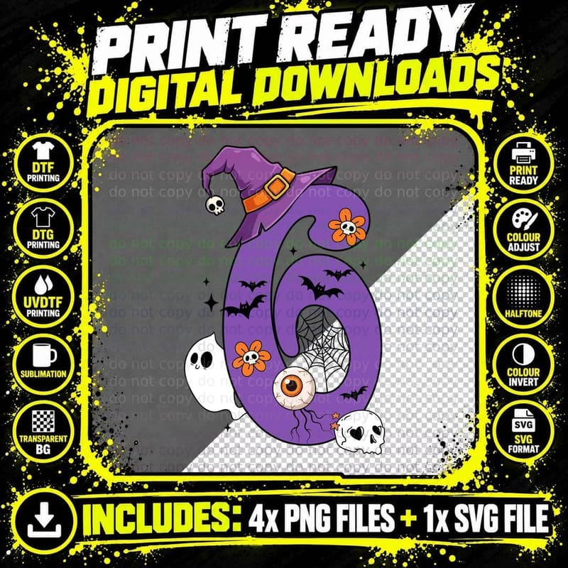 Age 6 Halloween Sixth Birthday Tee, Witch Hat Bats Png SVG Digital Bundle