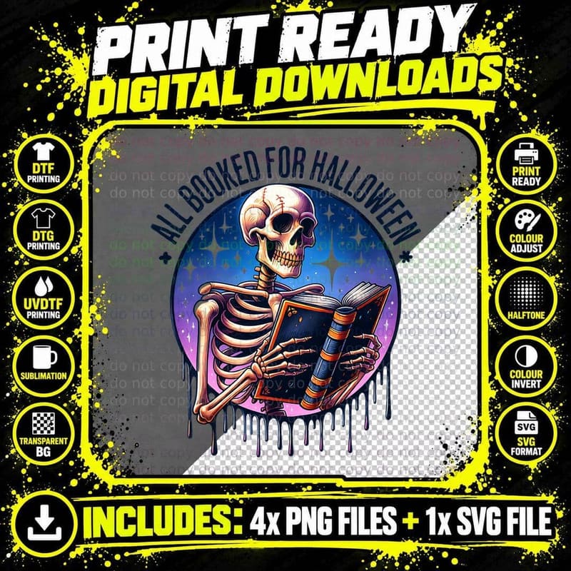 All Booked for Halloween Skeleton T-Shirt Png SVG Digital Bundle