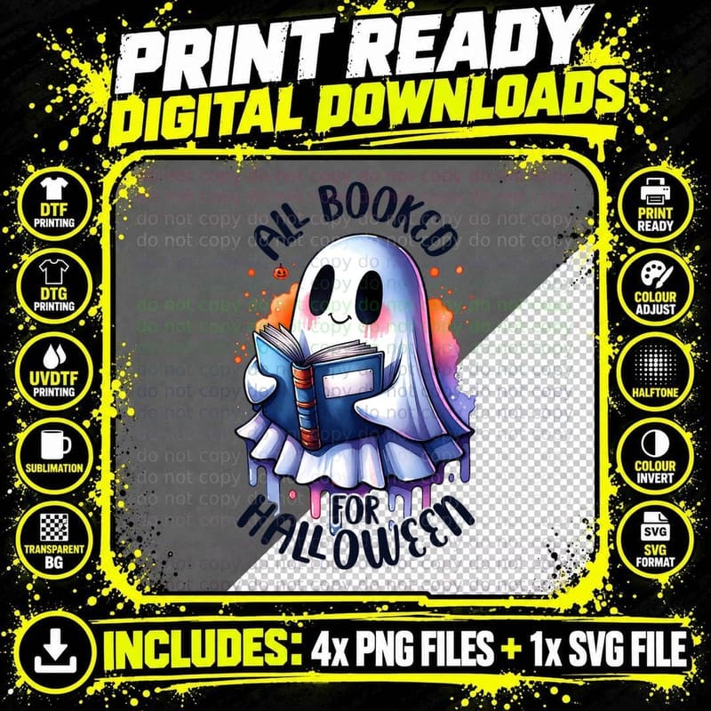 All Booked up Halloween Ghost Reading Book T-Shirt Png SVG Digital Bundle