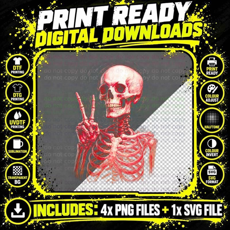 Animated Skull Peace Sign T-Shirt, Halloween Costume Png SVG Digital Bundle