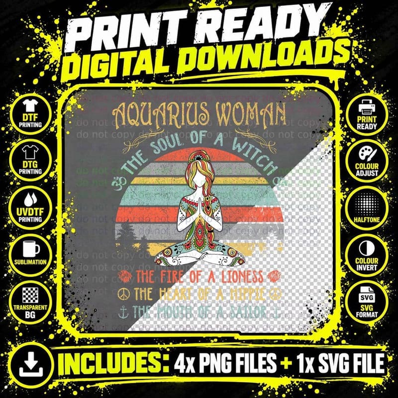 Aquarius Woman Tee, Soul of a Witch Yoga Vintage Png SVG Digital Bundle