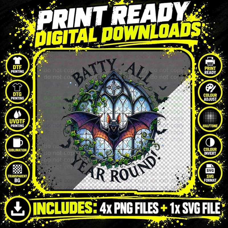 Batty All Year Round Halloween Goth Gift T-Shirt Png SVG Digital Bundle