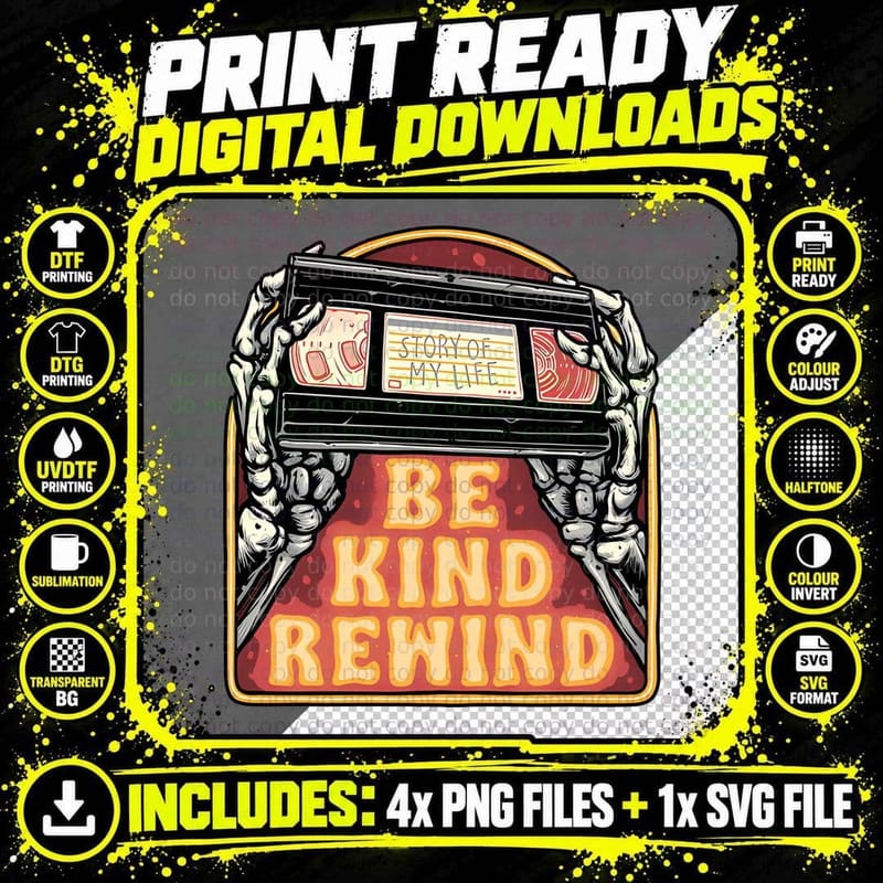 Be Kind Rewind Skeleton Hands Holding Vhs Tape Png SVG Digital Bundle