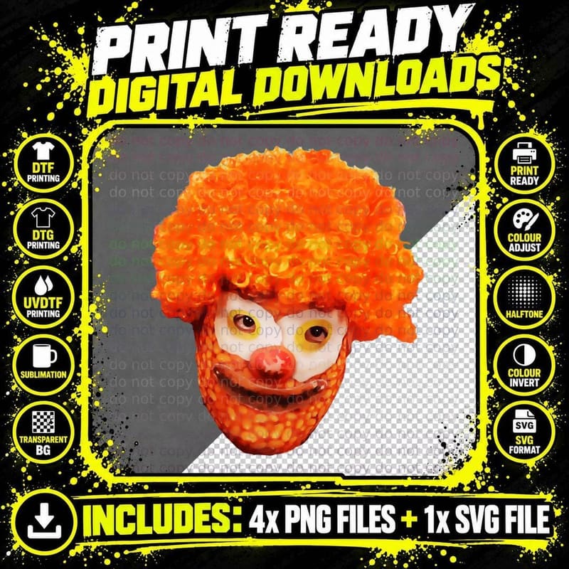 Beanus Creepy Clown Face T-Shirt, Baked Bean Novelty Art Png SVG Digital Bundle