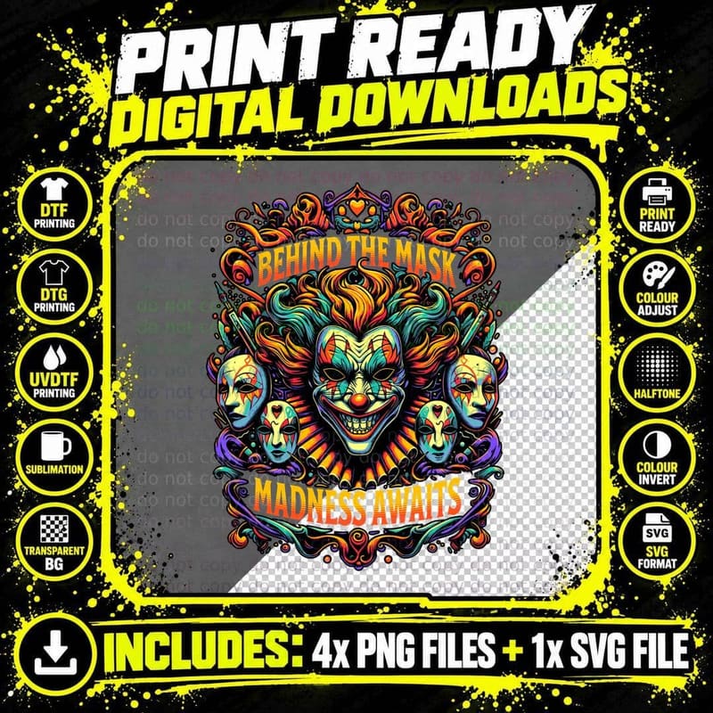 Behind the Mask Evil Clown Psychedelic Circus Png SVG Digital Bundle