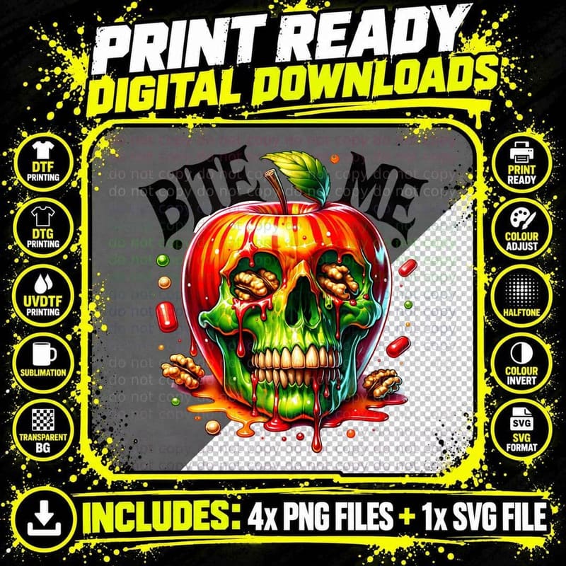 Bite Me Apple Skull, Halloween, Horror, T-Shirt Png SVG Digital Bundle