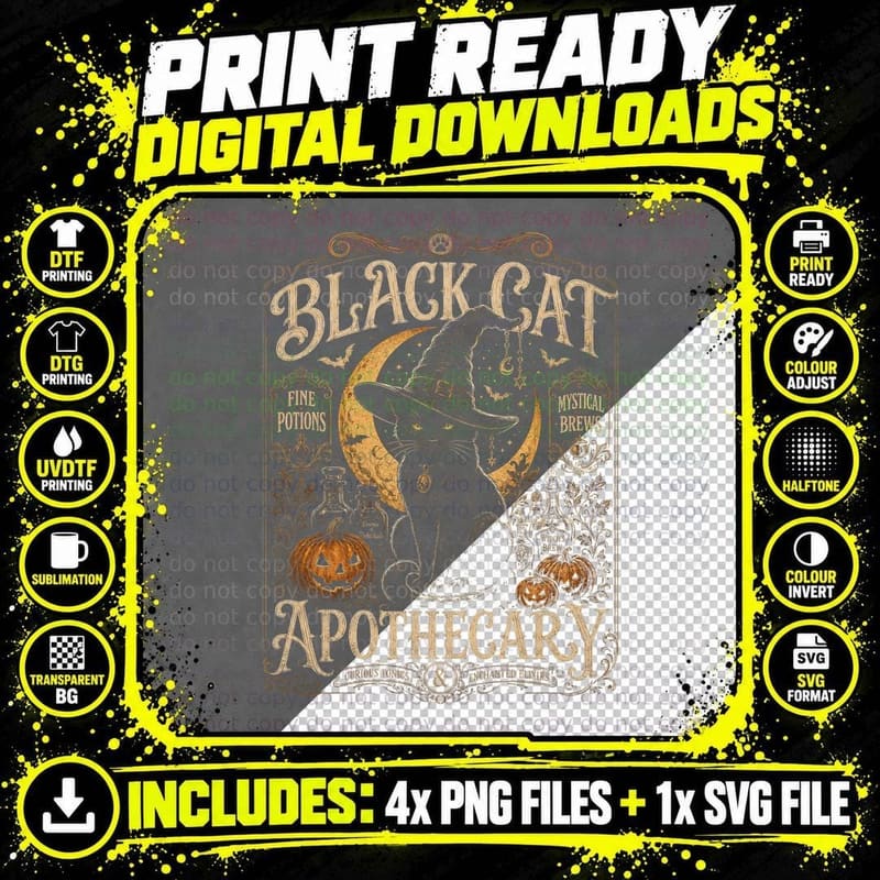 Black Cat Apothecary T-Shirt Witchy Halloween Potion Png SVG Digital Bundle