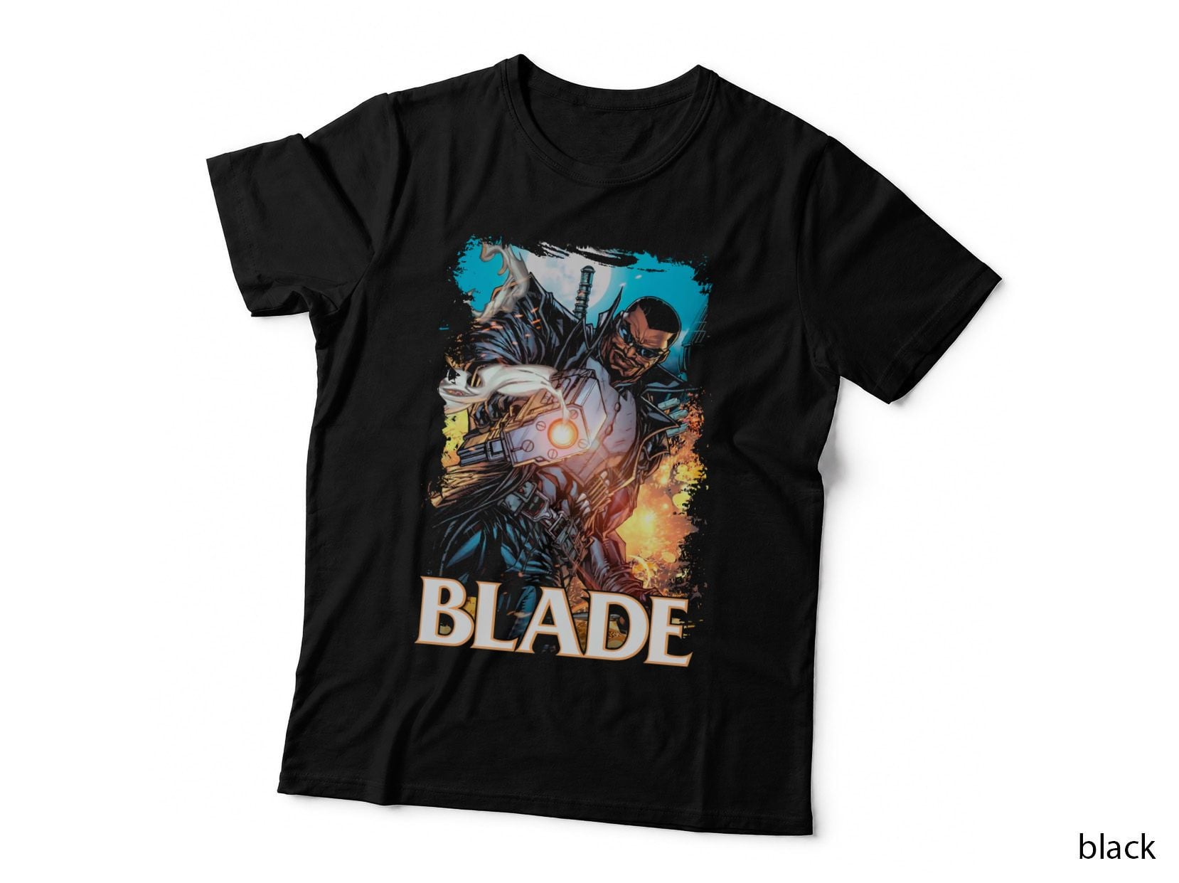 Blade Retro Comic Art, Vampire Hunter with Gun and Flames T-Shirt