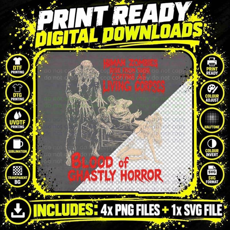 Blood of Ghastly Horror Red T-Shirt Vintage Zombie Movie Png SVG Digital Bundle