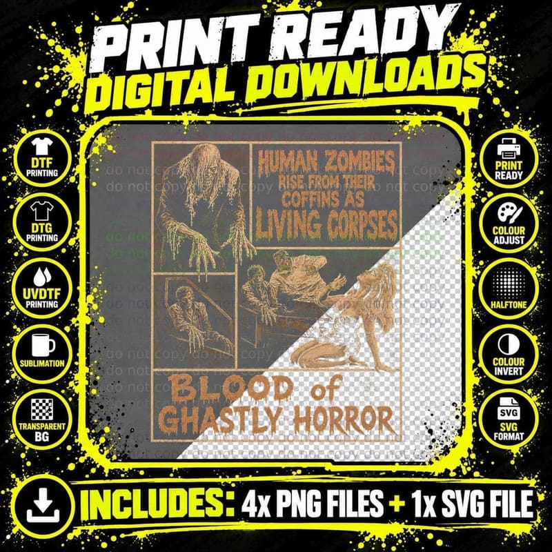Blood of Ghastly Horror T-Shirt Vintage Zombie Movie Png SVG Digital Bundle