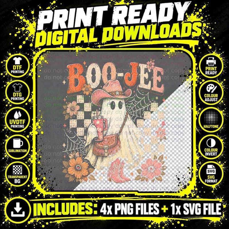 Boo-Jee Cowgirl Ghost T-Shirt Western Halloween Retro Png SVG Digital Bundle