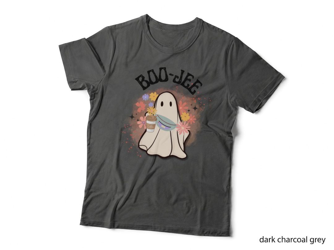 Boo-Jee Ghost Coffee T-Shirt, Cute Halloween Floral Design, Spooky Novelty
