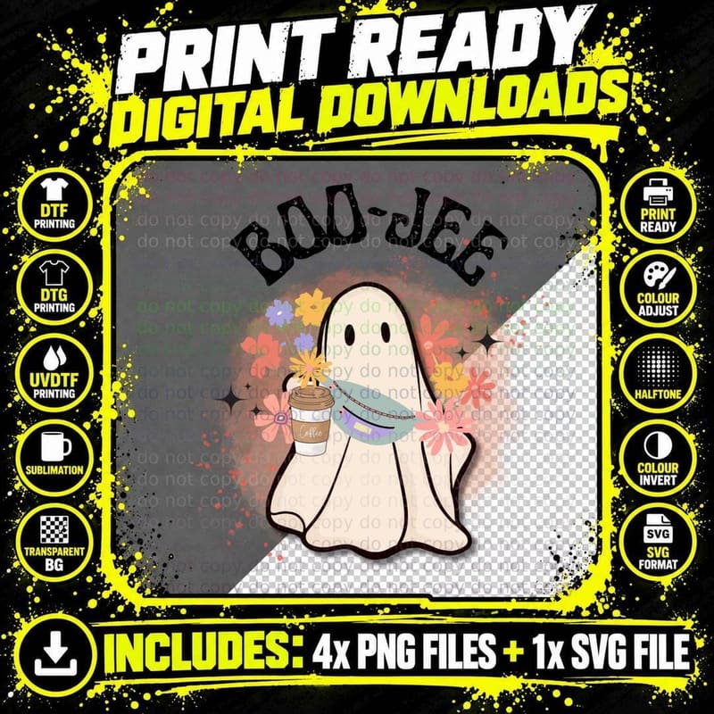 Boo-Jee Ghost Coffee T-Shirt, Cute Halloween Floral Png SVG Digital Bundle