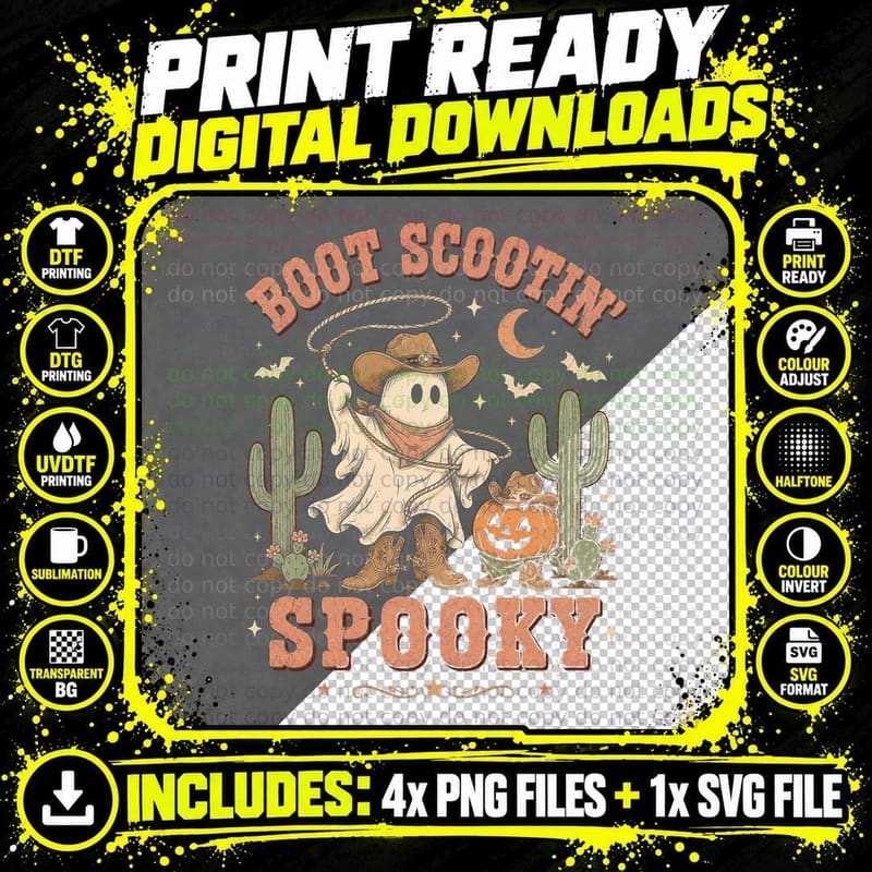 Boot Scootin Spooky Cowboy Ghost T-Shirt Western Png SVG Digital Bundle
