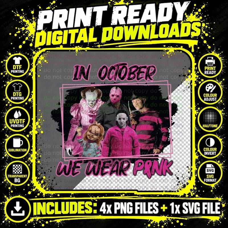 Breast Cancer Awareness Horror Icons October Png SVG Digital Bundle