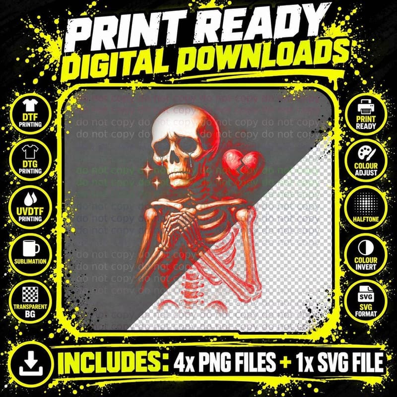 Broken Heart Skeleton T-Shirt, Gothic Art Print Png SVG Digital Bundle