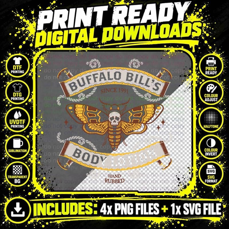 Buffalo Bill's Moth Skull T-Shirt, Gothic Horror Style Png SVG Digital Bundle
