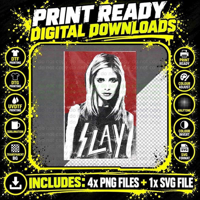 Buffy Slay Tee, Red Halftone Poster Vampire Slayer Png SVG Digital Bundle