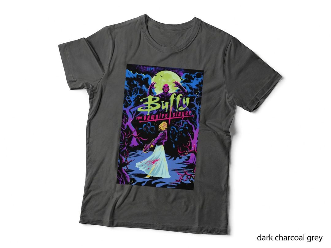 Buffy Vampire Slayer Neon Comic Tee, Moonlit Graveyard, Cult TV Show Fan Art