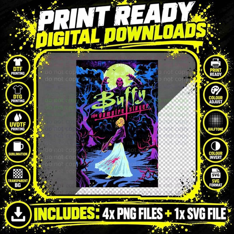 Buffy Vampire Slayer Neon Comic Tee, Moonlit Graveyard Png SVG Digital Bundle