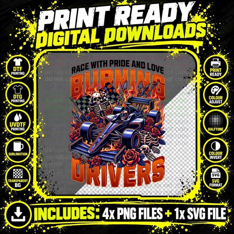 Burning Drivers Skeleton Racing Tee Png SVG Digital Bundle