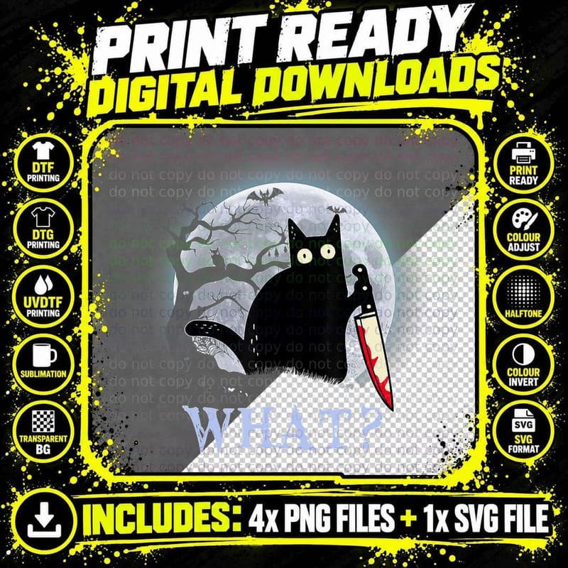 Cat What Murderous Black Cat, with Knife Halloween Png SVG Digital Bundle