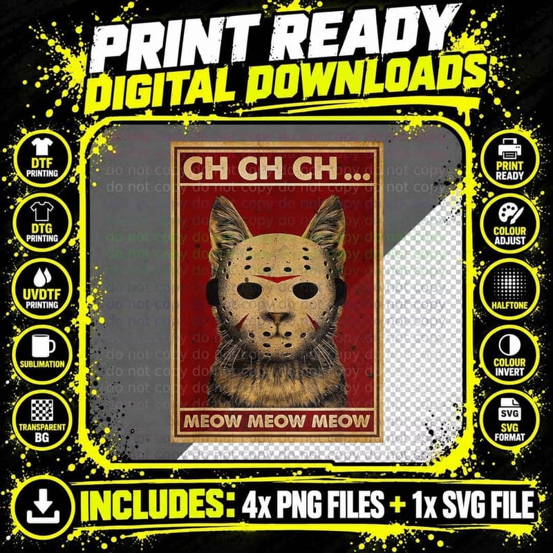Ch Ch Ch Meow Hockey Mask Cat, Vintage Slasher Parody Png SVG Digital Bundle