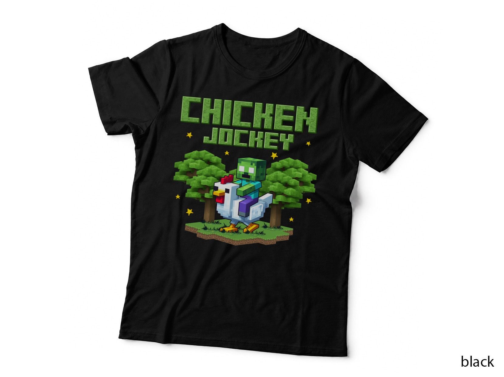 Chicken Jockey Pixel Tee, Zombie Riding Hen Forest Art, Sandbox Gamer Print