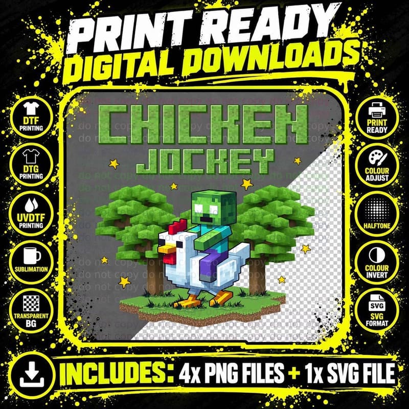 Chicken Jockey Pixel Tee, Zombie Riding Hen Forest Art Png SVG Digital Bundle