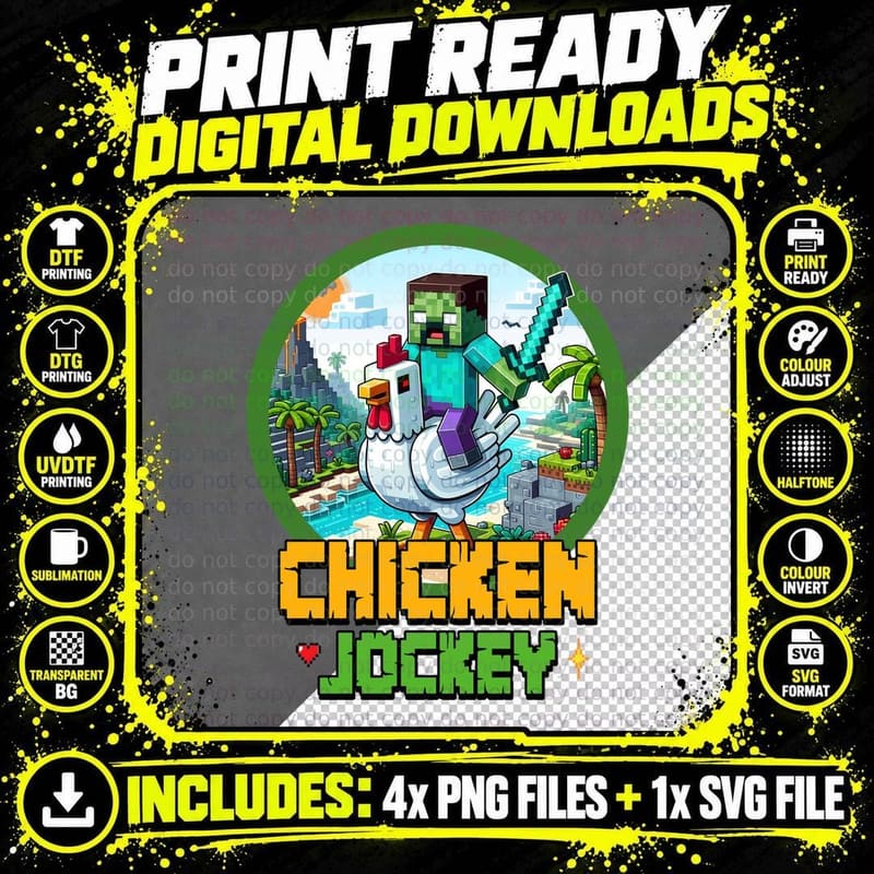 Chicken Jockey Tropical Tee, Zombie Sword Hen Island Art Png SVG Digital Bundle