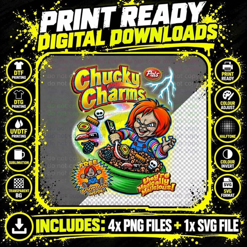 Chucky Charms Cereal Box Tee, Magically Malicious Png SVG Digital Bundle