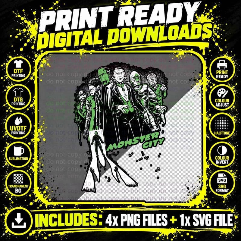 Classic Horror Monsters T-Shirt, Retro Gothic Tee Png SVG Digital Bundle