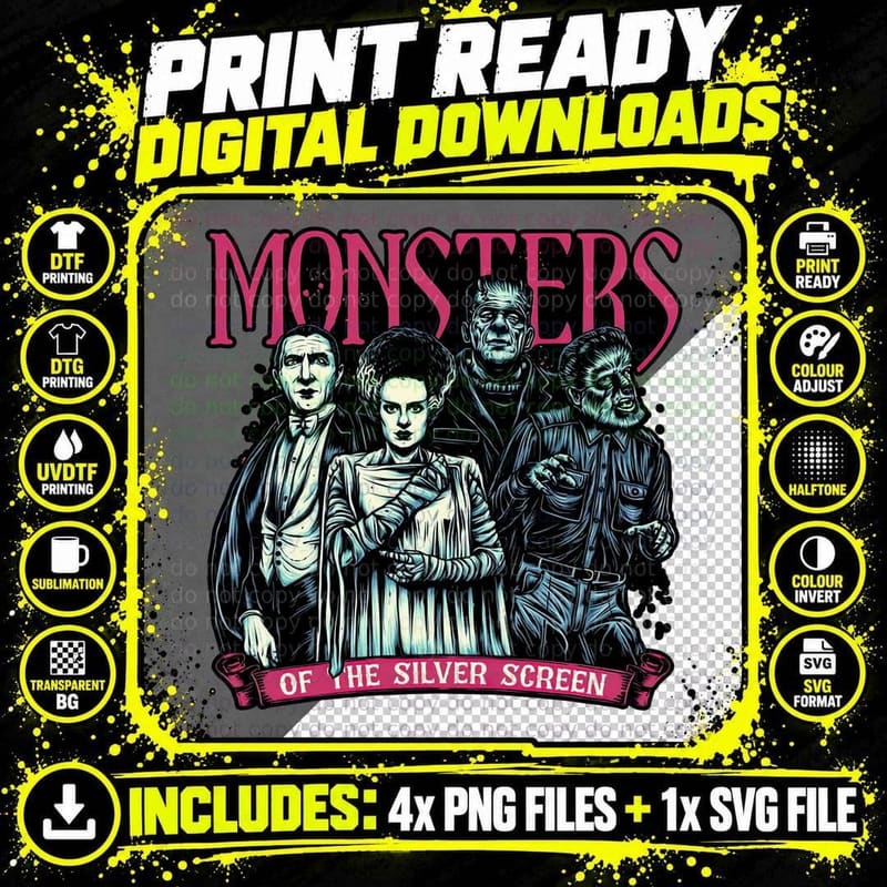 Classic Horror Monsters T-Shirt, Retro Sci-Fi Horror Tee Png SVG Digital Bundle