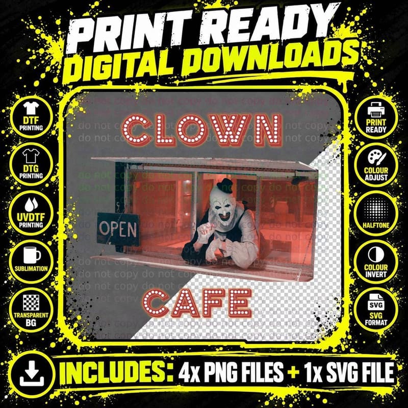 Clown Cafe T-Shirt, Halloween Horror, Creepy Clown Print Png SVG Digital Bundle