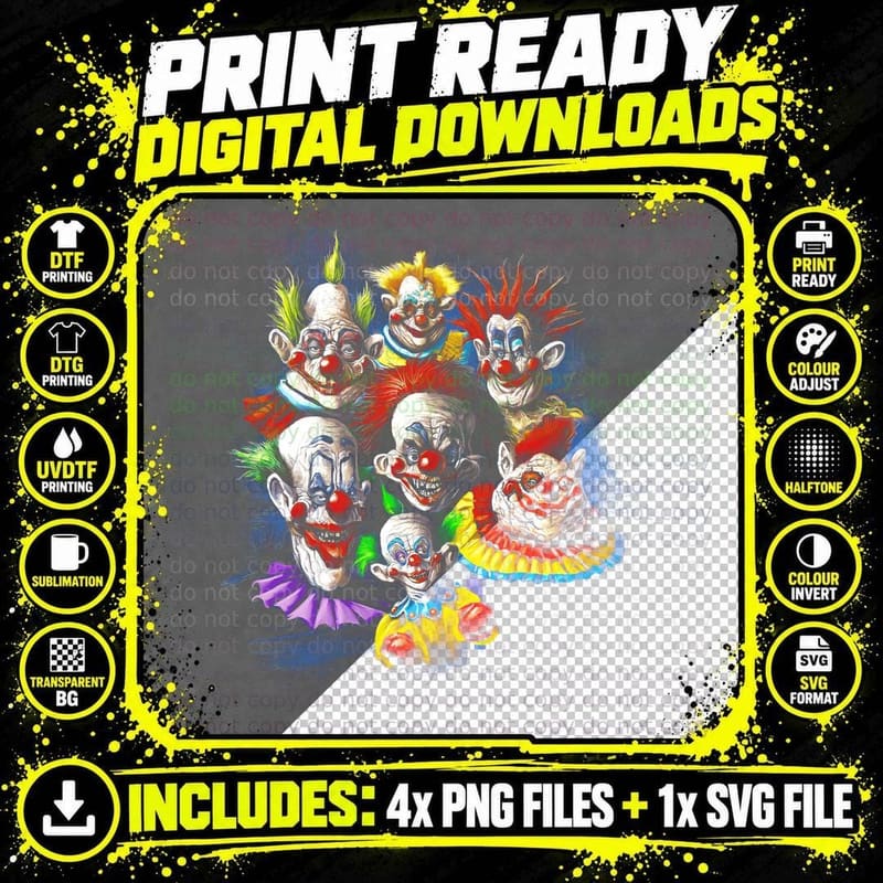 Clown Faces T-Shirt, Circus Art Print, Halloween Costume Png SVG Digital Bundle