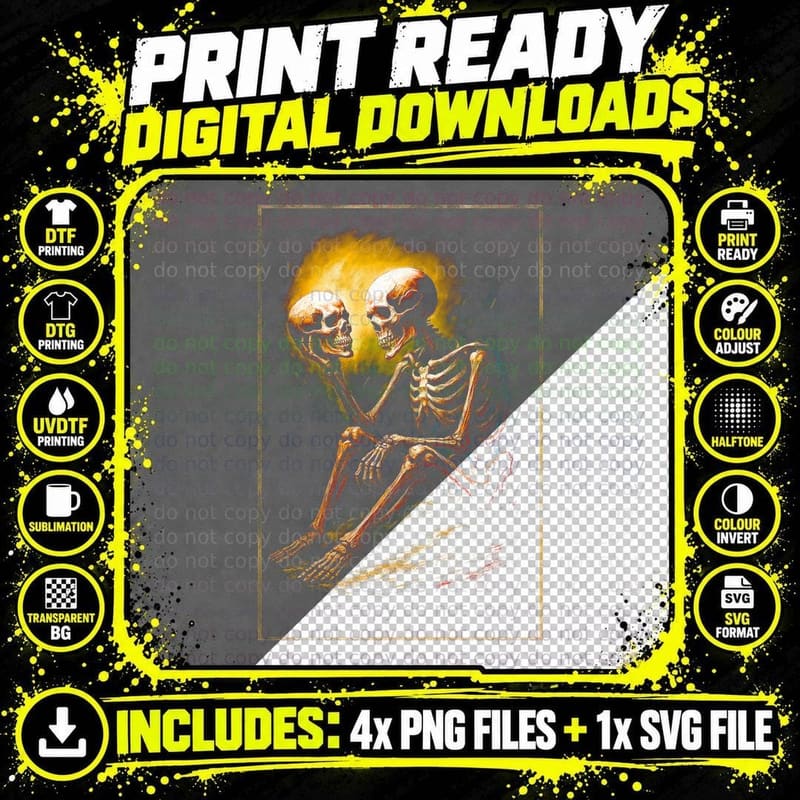 Contemplative Skeleton T-Shirt, Gothic Art Print Png SVG Digital Bundle