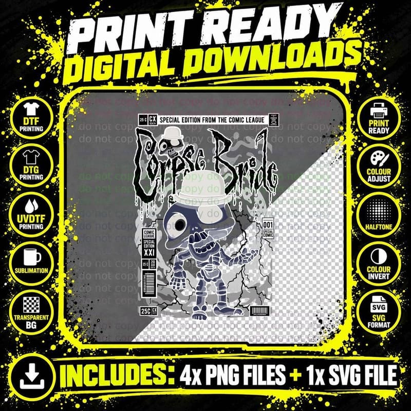 Corpse Bride Comic Cover Tee, Bowler Hat Skull Eyepatch Png SVG Digital Bundle
