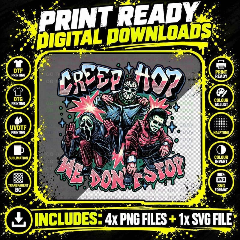 Creep Hop We Don't Stop Slashers, Graffiti Horror Icons Png SVG Digital Bundle