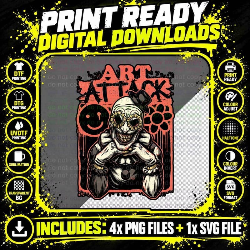 Creepy Clown Art Attack T-Shirt, Gothic Horror Tee Png SVG Digital Bundle