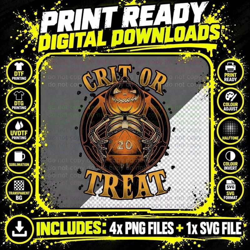 Crit or Treat Skeleton RPG Halloween T-Shirt Png SVG Digital Bundle