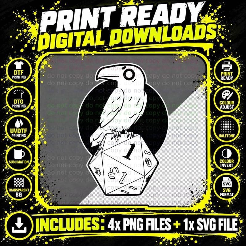 Critical Crow on D20 T-Shirt, Retro Horror Tee Png SVG Digital Bundle