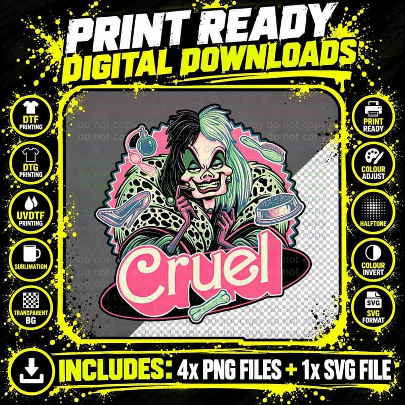 Cruella De Vil T-Shirt, Retro 80s Horror Tee Png SVG Digital Bundle