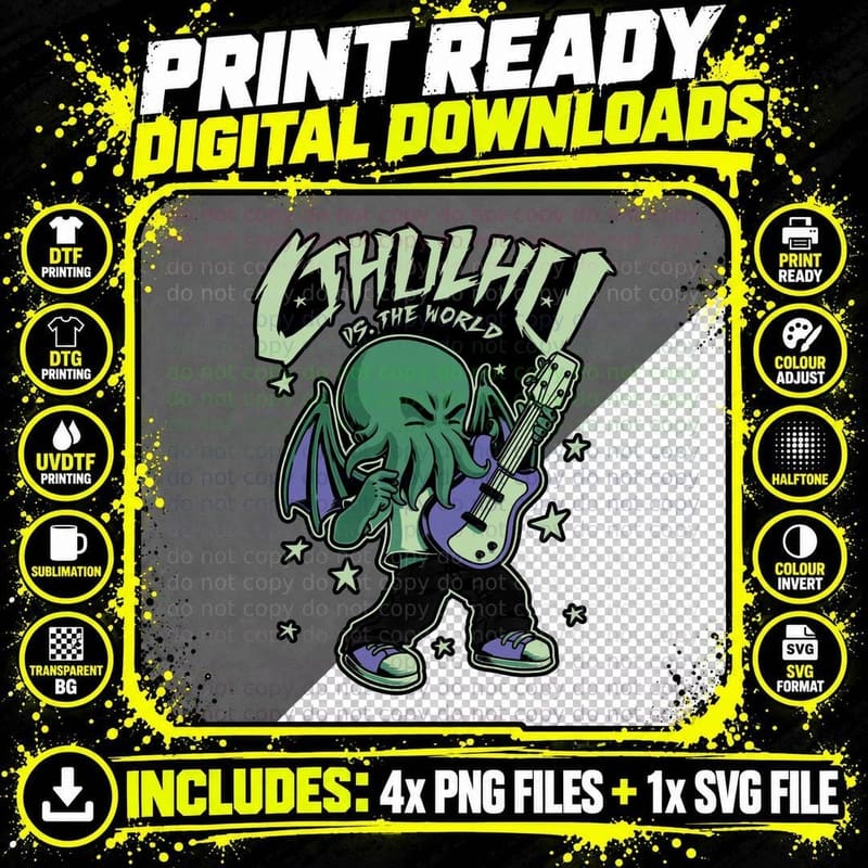 Cthulhu Rocker T-Shirt, Comic Rock Tee Png SVG Digital Bundle