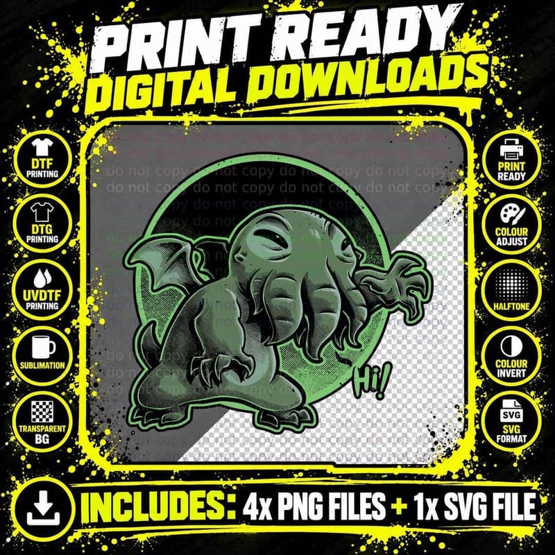 Cthulhu Says Hi T-Shirt, Retro Horror Tee Png SVG Digital Bundle