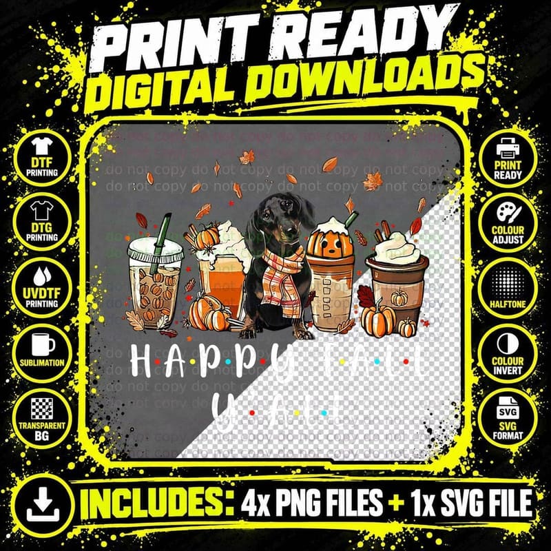 Dachshund Dog Pumpkin Coffee Fall T-Shirt Png SVG Digital Bundle