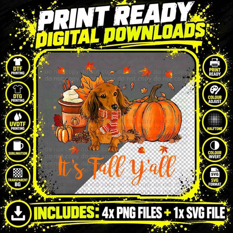 Dachshund Fall Scarf T-Shirt, Autumn Leaves Pumpkin Png SVG Digital Bundle