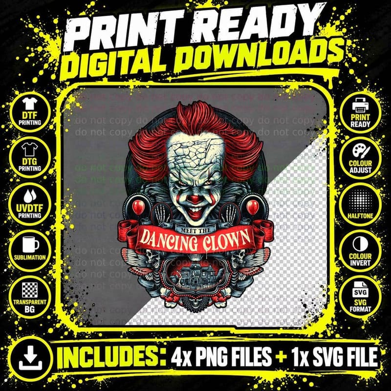 Dancing Clown T-Shirt, Horror Movie Art Png SVG Digital Bundle