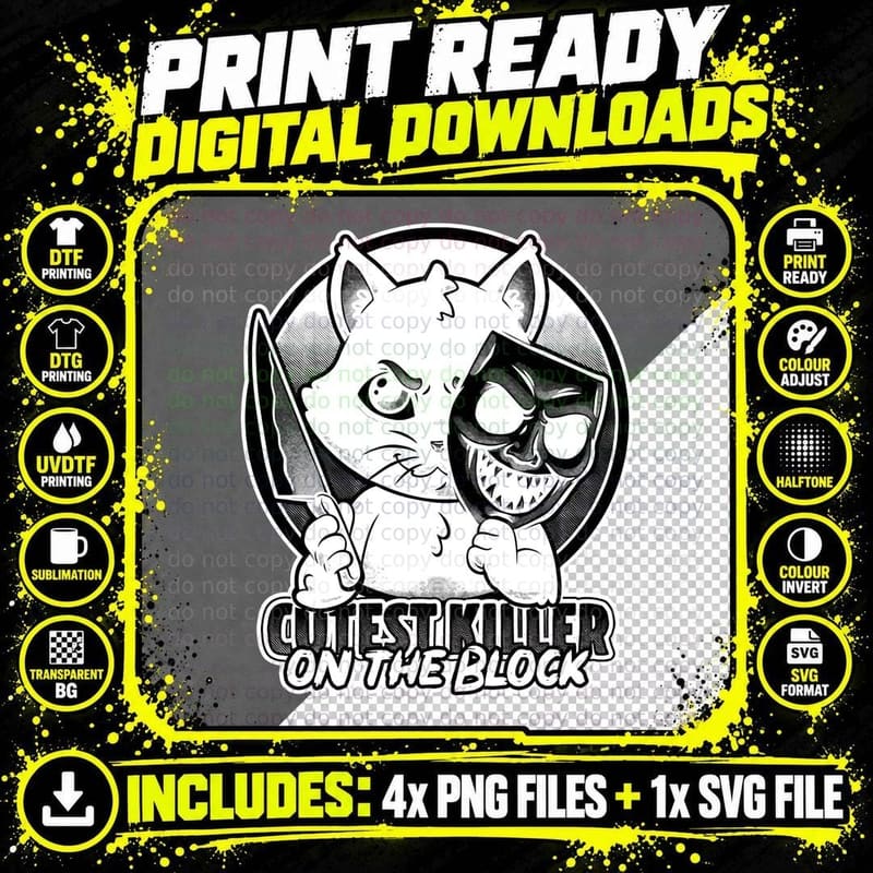Dark Psycho Cat Killer T-Shirt, Gothic Horror Tee Png SVG Digital Bundle